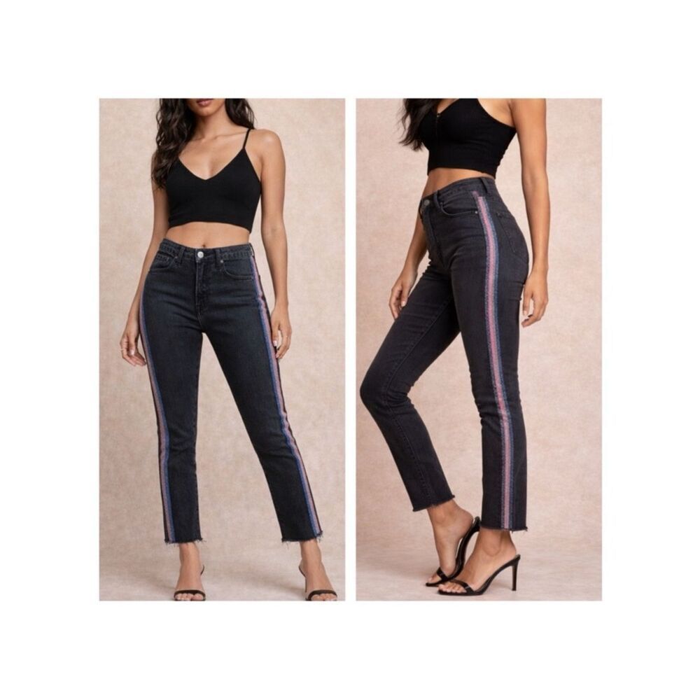 Mother Denim High Waisted Looker Ankle Fray Jeans Guilty Glitter Racer" Stripe